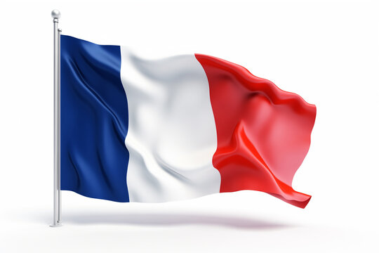 France flag on flagpole, isolated white background