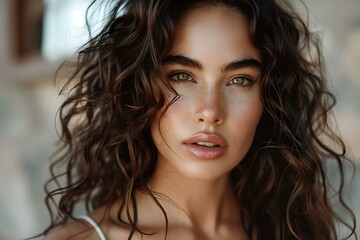 Fototapeta premium Model showcasing beautiful curly hairstyle with stunning shiny wavy hair. Concept Curly Hairstyle, Shiny Waves, Hair Model, Beauty Photography, Fashion Photoshoot