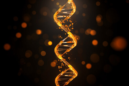 fictional abstract structure of DNA spiral molecule from orange color transparent elements on dark background