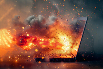 Laptop computer on fire due to a fault or its lithium battery overheating and exploding causing a thermal runaway which will now need a malfunction repair, stock illustration image