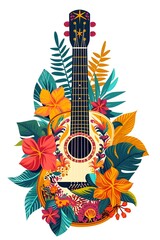 an ilustration of acoustic guitar witg floral ornament with hawaai style