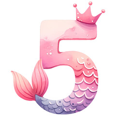 Pink Mermaid Tail Number Five Illustration a whimsical with a mermaid tail and crown, perfect for birthday themes and invitations.
