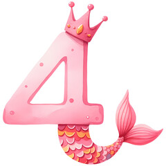 Pink Mermaid Tail Number Four Illustration a whimsical with a mermaid tail and crown, perfect for birthday themes and invitations.