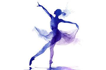 Purple silhouette of a female ballerina dancer who is dancing to show of her ballet technique skill at  dance performance, stock illustration image - obrazy, fototapety, plakaty