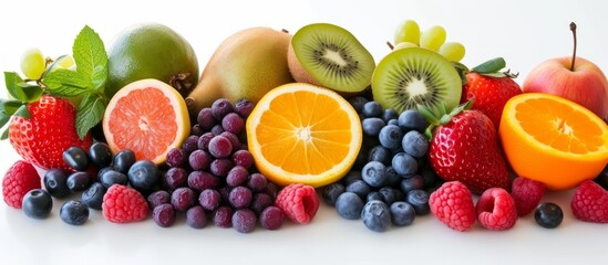 An assortment of fresh and vibrant fruits such as apples, oranges, grapes, kiwis, and an assortment of berries on display