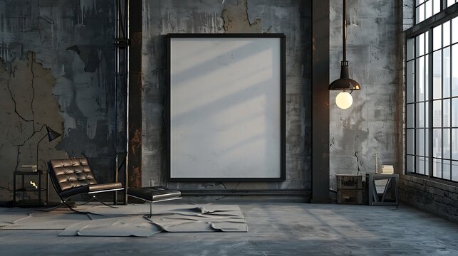 3D render of a sleek and modern poster blank frame in a vintage industrial living room with salvaged materials and retro fixtures