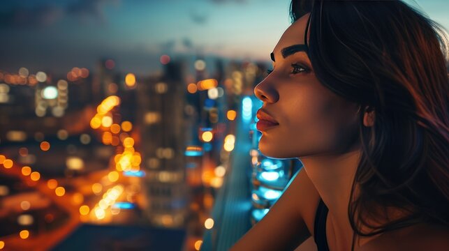 Woman alone on rooftop bar, savoring quiet moment. Sharp-focus urban panorama, city lights illuminating her distinctive nose. Contemplative gaze, appreciating solitude in serene cityscape