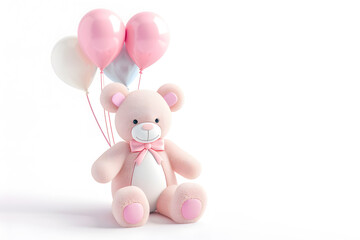 Toy Teddy bear with party balloons on light background with copy space for text