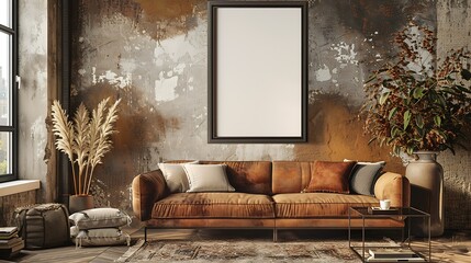 3D render of a sleek and modern poster blank frame in a bohemian-style living room with layered textures and earthy tones