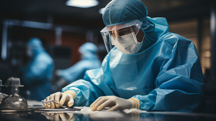 A surgeon in full protective gear is meticulously selecting surgical instruments, with a focused gaze that underscores the gravity and precision of the medical procedure at hand