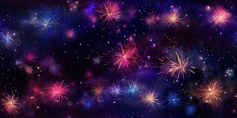 Naklejka premium Night sky fireworks celebration background. Holiday new year xmas anniversary festival glitter scene view