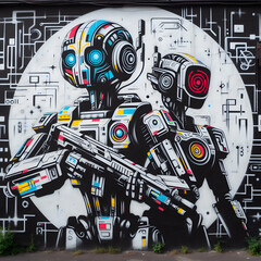 A black and white wall with a colorful graffiti of a robot, illustration, robot, symbol, toy, gun, Ai generated 