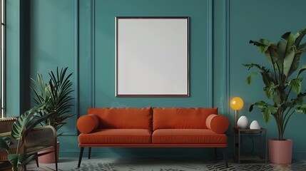 3D render of a sleek and modern poster blank frame in a retro-inspired living room with vintage decor and bold colors