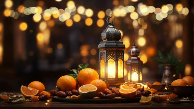Ramadan decoration with Arabic lanterns and fruits. seamless looping time lapse video animation background.
