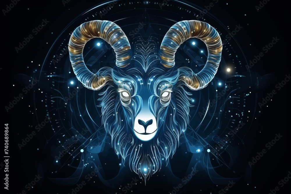 Wall mural vector illustration of aries zodiac sign glowing in blue color on a dark background - Wall murals