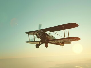 Vintage biplane flying in a clear sky, evoking aviation history and a bygone era