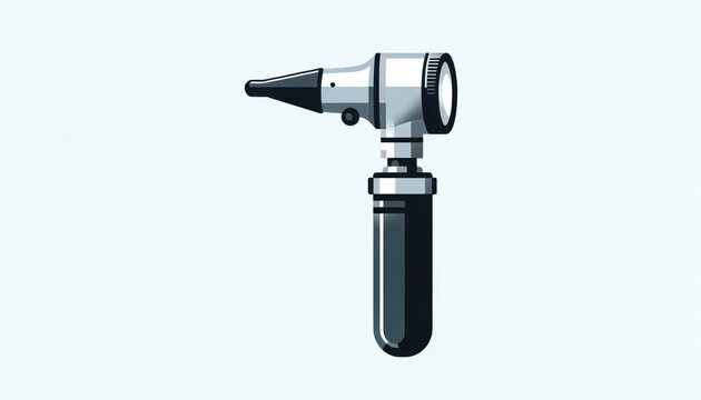 Banner medical otoscope device for ear examination on light blue background with copy space.
