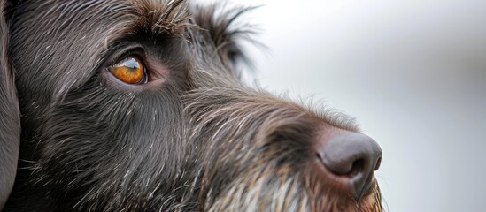 A closeup of a small terriers snout looking up at the camera, showcasing the loyalty and companionship of this water dog breed - obrazy, fototapety, plakaty