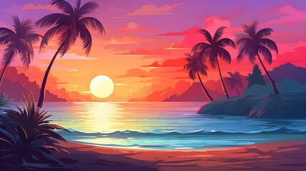 illustration of beach in sunset with colorfully design - obrazy, fototapety, plakaty