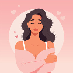 Self love concept. Happy young woman embracing herself in a warm and loving hug. Take time for your self. Pastel cute soft colors. Vector illustration in flat style.