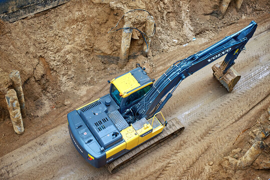 Minsk, Belarus. Feb 19, 2024. Volvo EC220D Crawler Excavators. Crawler excavator Volvo EC220D work on construction site. Foundation and earthworks on construction site.