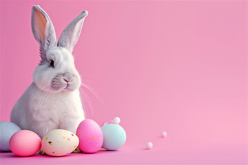 A rabbit surrounded by colorful Easter eggs with copy space