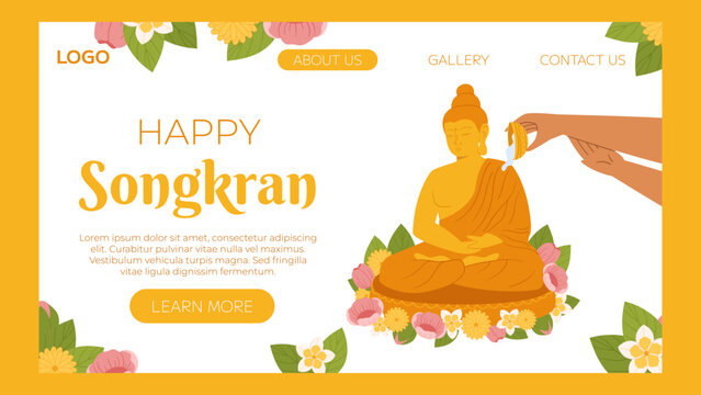 Songkran festival, traditional shower the monk sculpture, Thailand New Year. Hand Pouring water Buddha statue. Vector landing page website template in flat style for celebrating