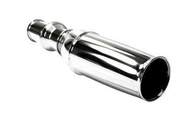 A photograph showcasing a stainless steel exhaust pipe. on White or PNG Transparent Background.
