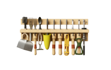 A wooden rack with multiple tools hanging neatly, including hammers, screwdrivers, wrenches, and pliers. on White or PNG Transparent Background.