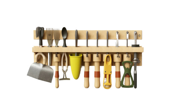 A wooden rack with multiple tools hanging neatly, including hammers, screwdrivers, wrenches, and pliers. on White or PNG Transparent Background.