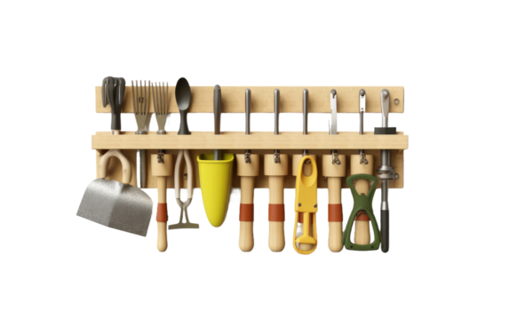 A wooden rack with multiple tools hanging neatly, including hammers, screwdrivers, wrenches, and pliers. on White or PNG Transparent Background.
