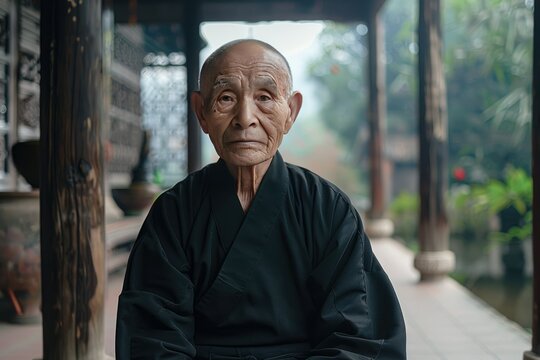 Elderly man in black attire exudes wisdom and serenity in a minimalist setting. His composed and contemplative demeanor reflects a lifetime of experience and maturity in retirement