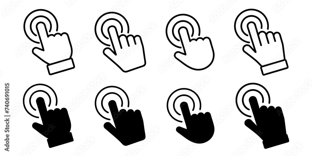 Poster touch screen icons. touchscreen finger hand press or push vector icons. set of hand touch screen. cl