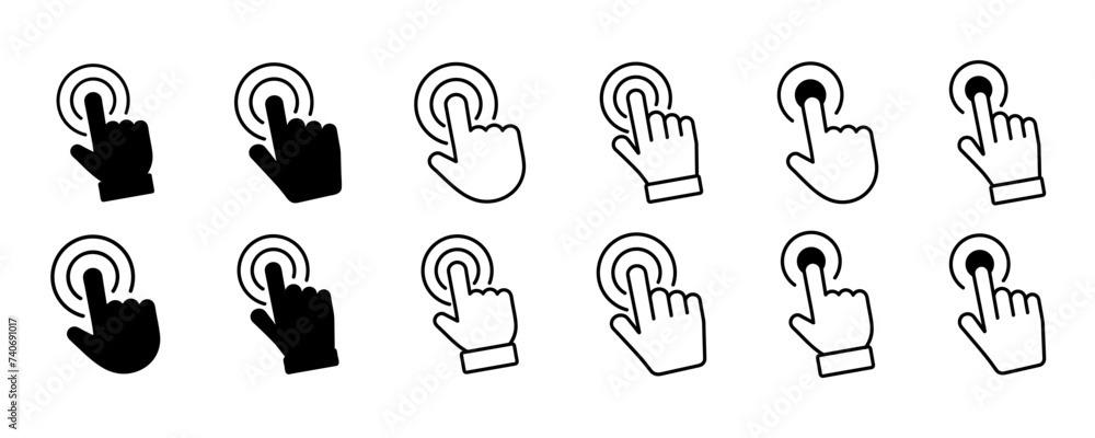 Poster touch screen icons. touchscreen finger hand press or push vector icons. set of hand touch screen. cl
