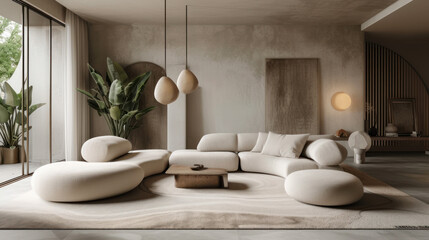 Modern living room interior design with neutral tones, featuring curvaceous sofas, unique pendant lights, and decorative plants, complemented by a minimalistic wall art and floor lamp