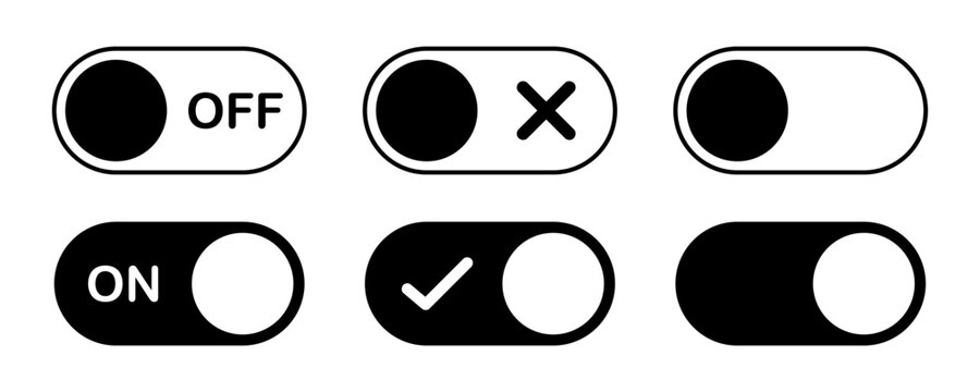 Switch buttons. On and Off toggle switch icons. Switch to Day and Night mode buttons. Slider interface button. Mobile app switch buttons, interface elements