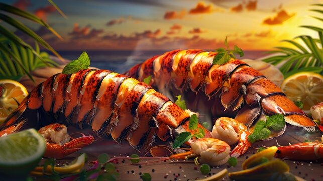 A stunning image of a luxurious seafood feast at sunset, featuring grilled lobster tails and citrus-infused shrimp