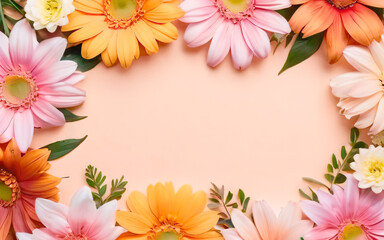 background, gerbera flowers top view, flat lay, copy space