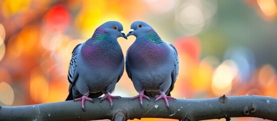 Two beautiful birds perched on a leafy tree branch in the wild nature habitat