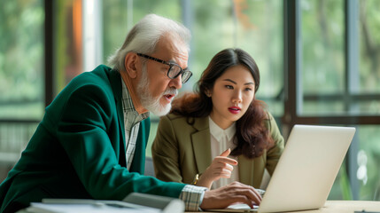 Senior Man and Young Woman Working on Laptop Together. An elderly mentor in a green blazer guiding a young Asian colleague through a project on a laptop in a bright office environment.