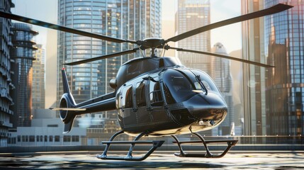 Sleek metallic helicopter lifting off from an urban heliport with tall buildings as a dramatic backdrop. A hyper-realistic image capturing the convenience and dynamic nature of urban transport