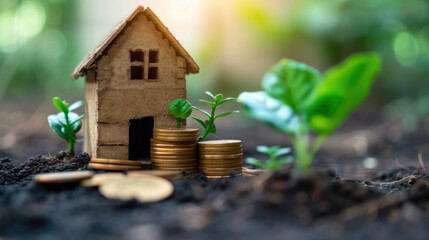 Sustainable growth in real estate, this image features a model house with coins and a young plant...