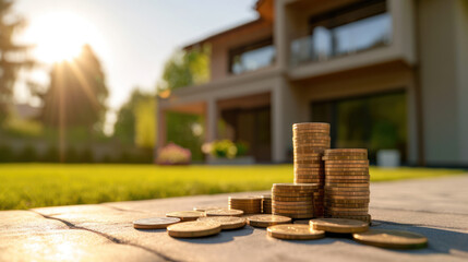 residential backdrop with stacks of coins in the foreground, symbolizing real estate investment and...
