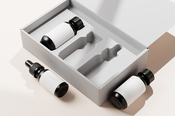 travel kit mockup for cosmetics, including a box, two bottles and a dropper bottle