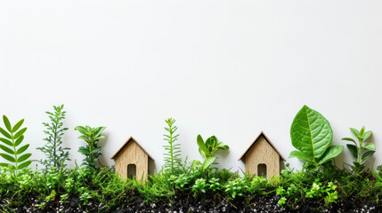 Sustainable living, showcasing miniature wooden houses nestled among a variety of lush, green plants, symbolizing eco-friendliness and growth