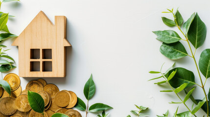 real estate investment and savings, featuring a small wooden house model placed on rising stacks of coins, property value increment, suggesting financial and eco-friendly investment