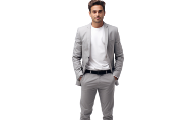 A professional man dressed in a suit standing confidently with his hands casually placed in his pockets. on White or PNG Transparent Background.