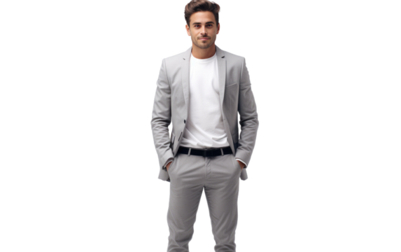 A professional man dressed in a suit standing confidently with his hands casually placed in his pockets. on White or PNG Transparent Background.