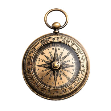 Old brass pocket compass isolated on transparent background