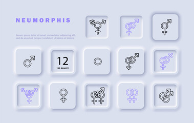 Gender line icon set. Gender identity, inclusivity, diversity, fluidity, LGBTQ, non-binary, transgender, acceptance. Neomorphism style. Vector line icon for business and advertising